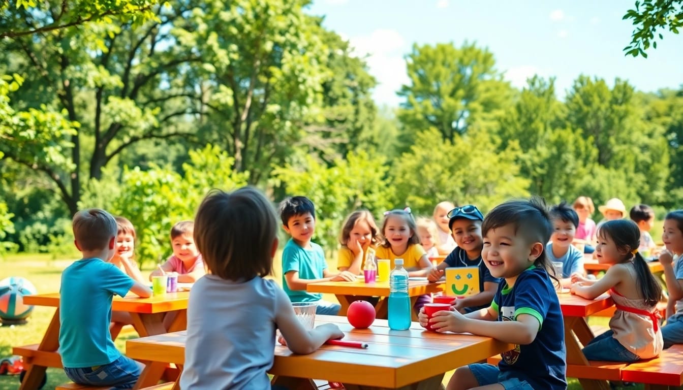 Children enjoying activities at a summer childrens camp, creating memories through games and crafts.