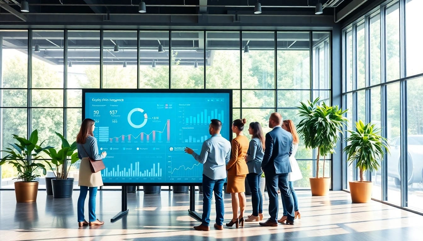 Engaging professionals collaborating on AI supply chain management dashboard in an office environment.