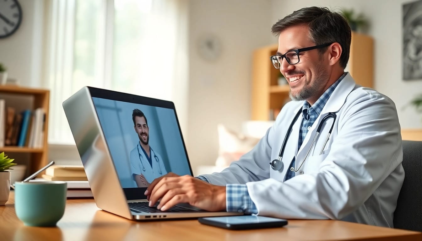 Engaging in a chat with a doctor online now from a cozy home office with a reassuring atmosphere.