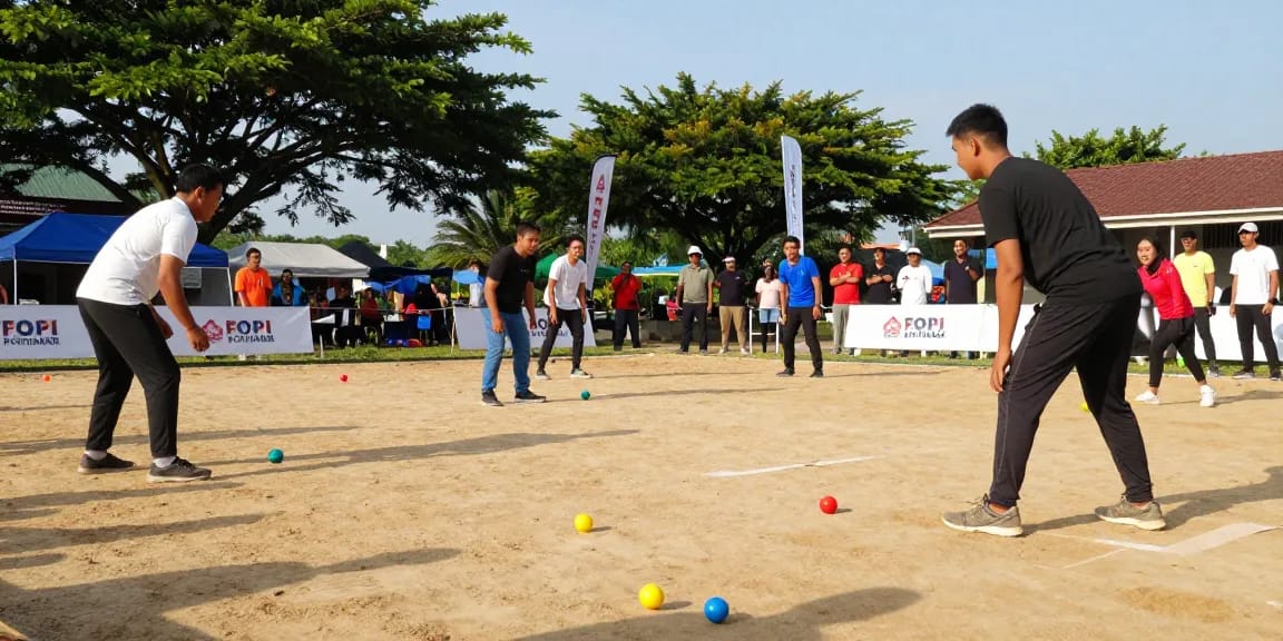 Acara turnamen petanque di fopikotapontiana.org dengan pengunjung dan pemain terlibat aktif.