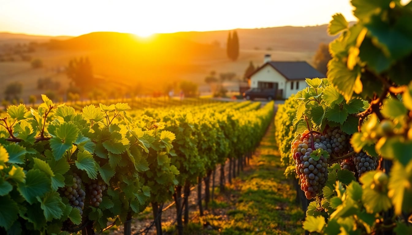 Experience the beauty of wineries in Clarksburg with vibrant vineyards and sunset views.