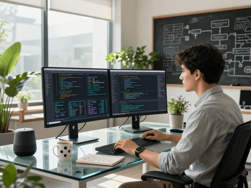 Dynamic tech workspace where a data scientist explores crushon ai, surrounded by screens, gadgets, and greenery for an innovative atmosphere.