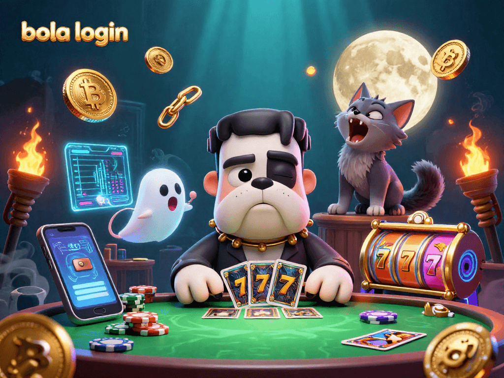 Bola login reveals a vibrant 3D scene with a Frankenstein bulldog dealing cards, setting the stage for epic gambling.