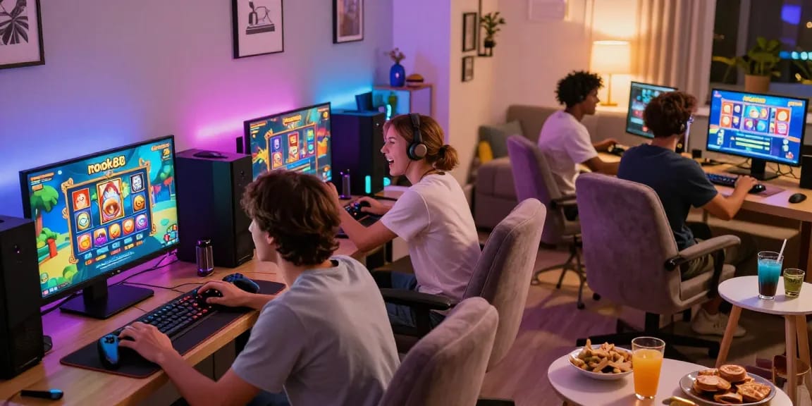 Engaging moment of friends enjoying the rokok88 slot game in a cozy living room.