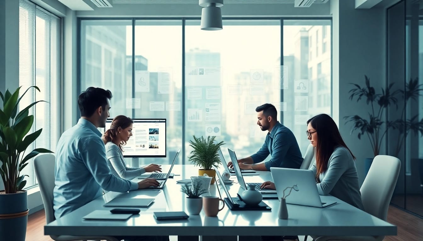 Công ty thiết kế website team collaborating in a modern office