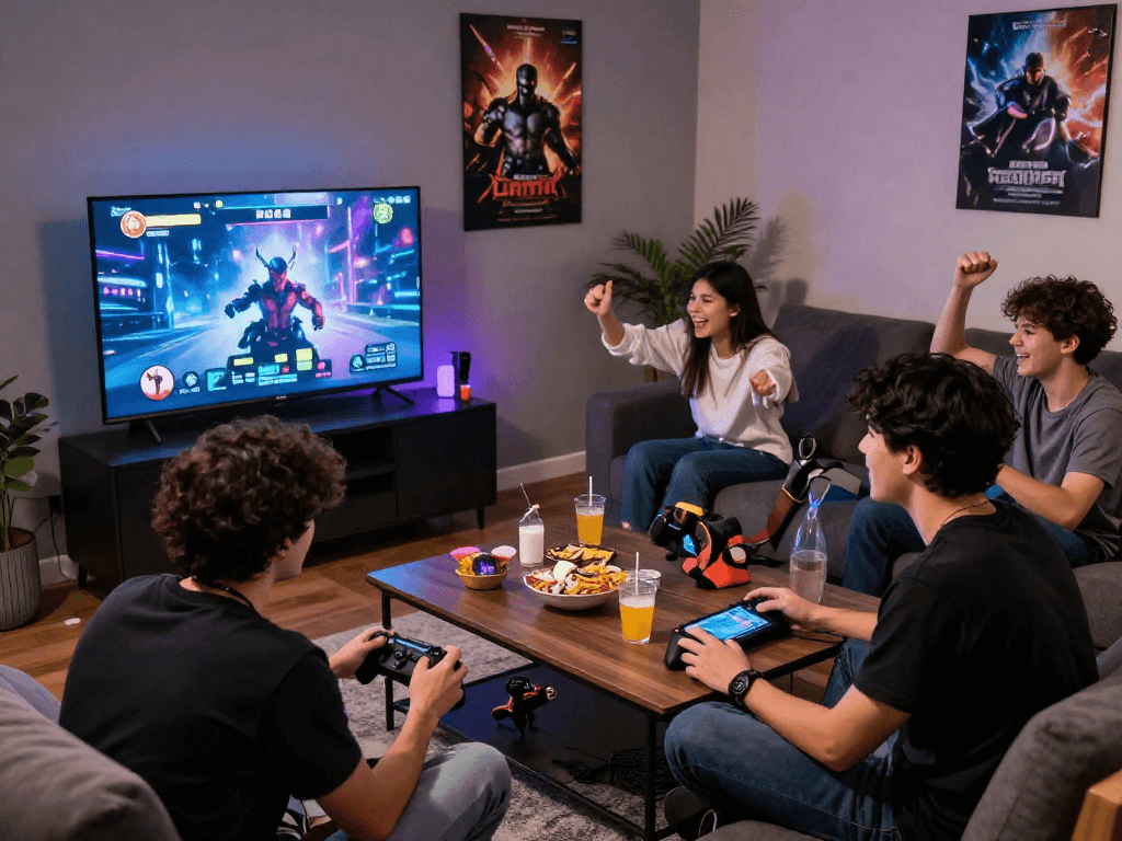 Engaging scene of friends playing html porn games in a cozy gaming lounge.