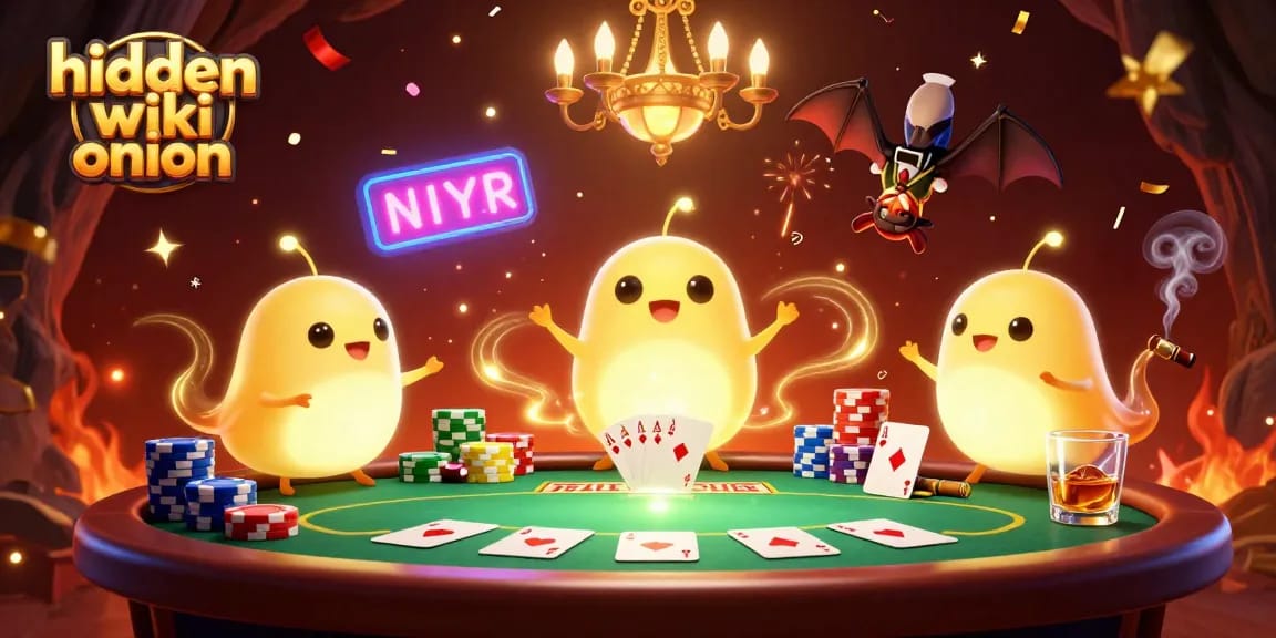 Experience the hidden wiki onion in action with a captivating pocket poker scene featuring bioluminescent glowworms lighting up the game.