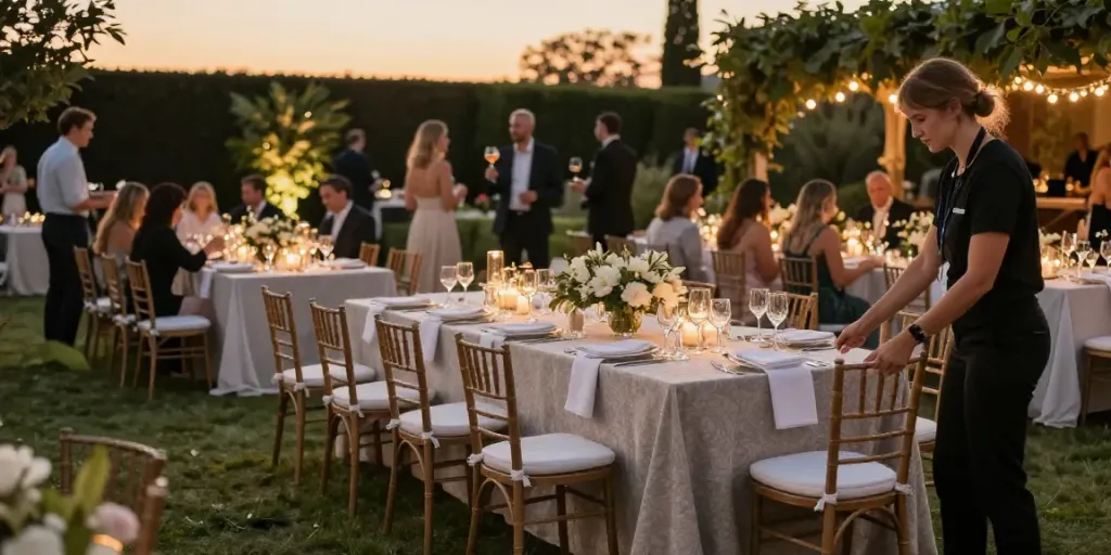 Elegant outdoor event furniture rental setup with luxurious tables and chairs, showcasing premium design elements.