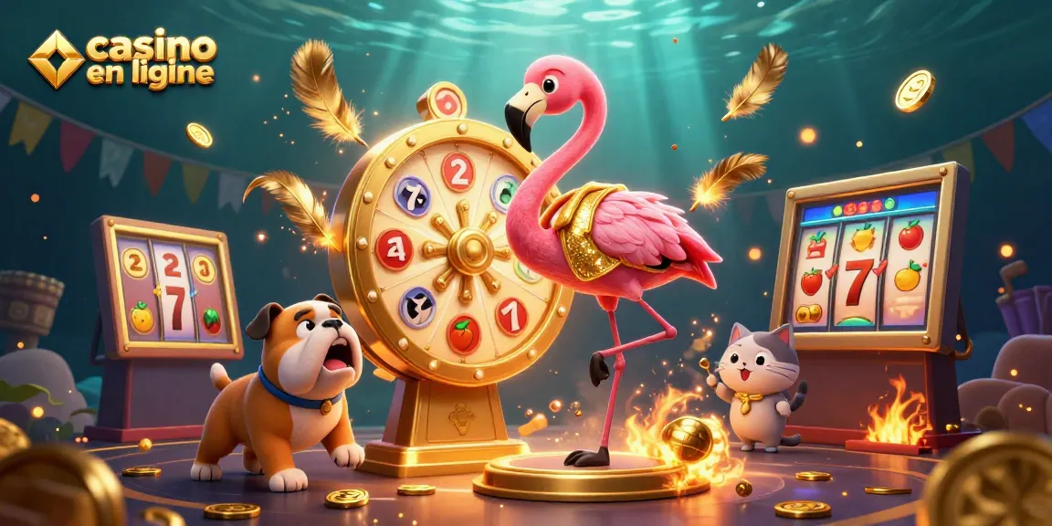 Illustration dynamique sur casino en ligne avec des personnages animés dans un décor riche et des éléments de jeu.