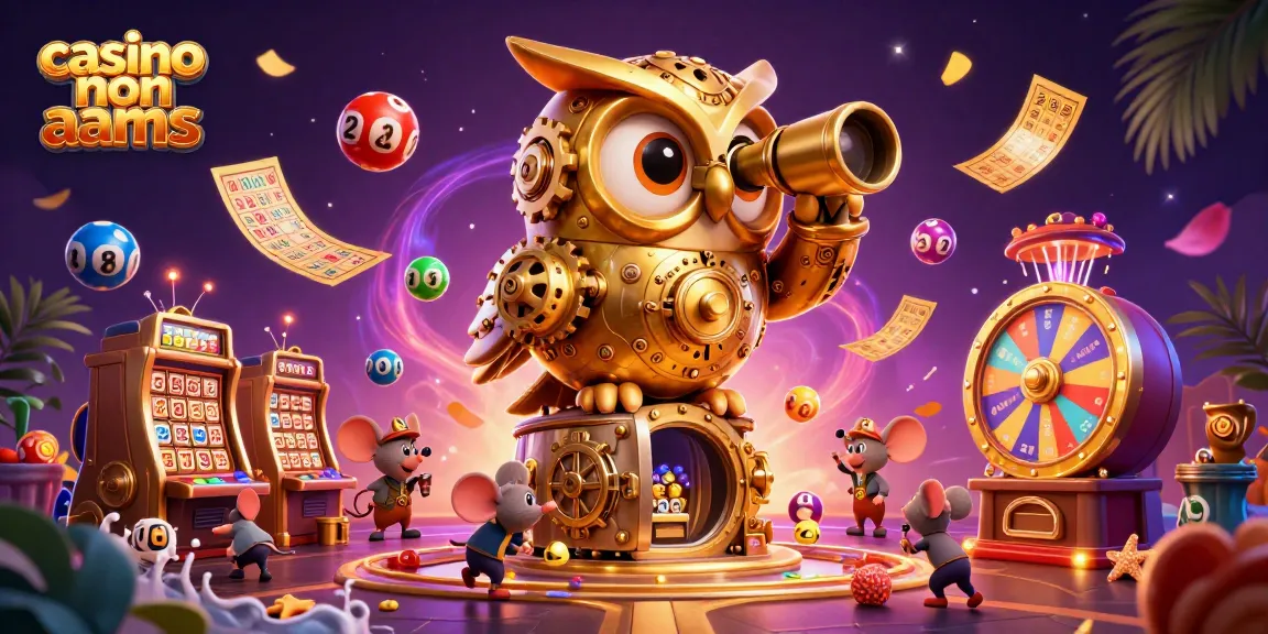 Giocare nei casino non AAMS: scena vivace con un gufo meccanico e topi tra slot e palline numerate.