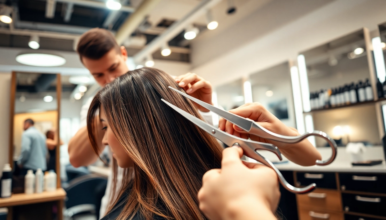 Tunsoare bucuresti: A stylist creates a fresh haircut in a modern salon environment.