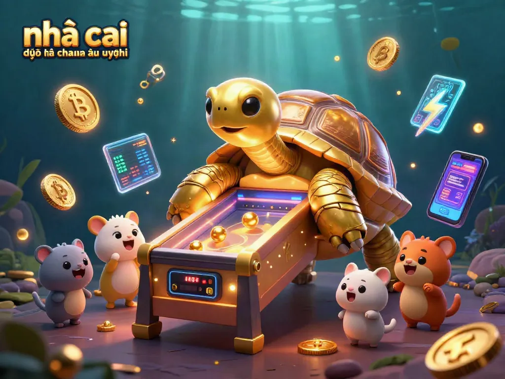 Có nhà cái đến từ châu âu uy tín với hình ảnh con rùa vàng và các đồng tiền 3D xung quanh.