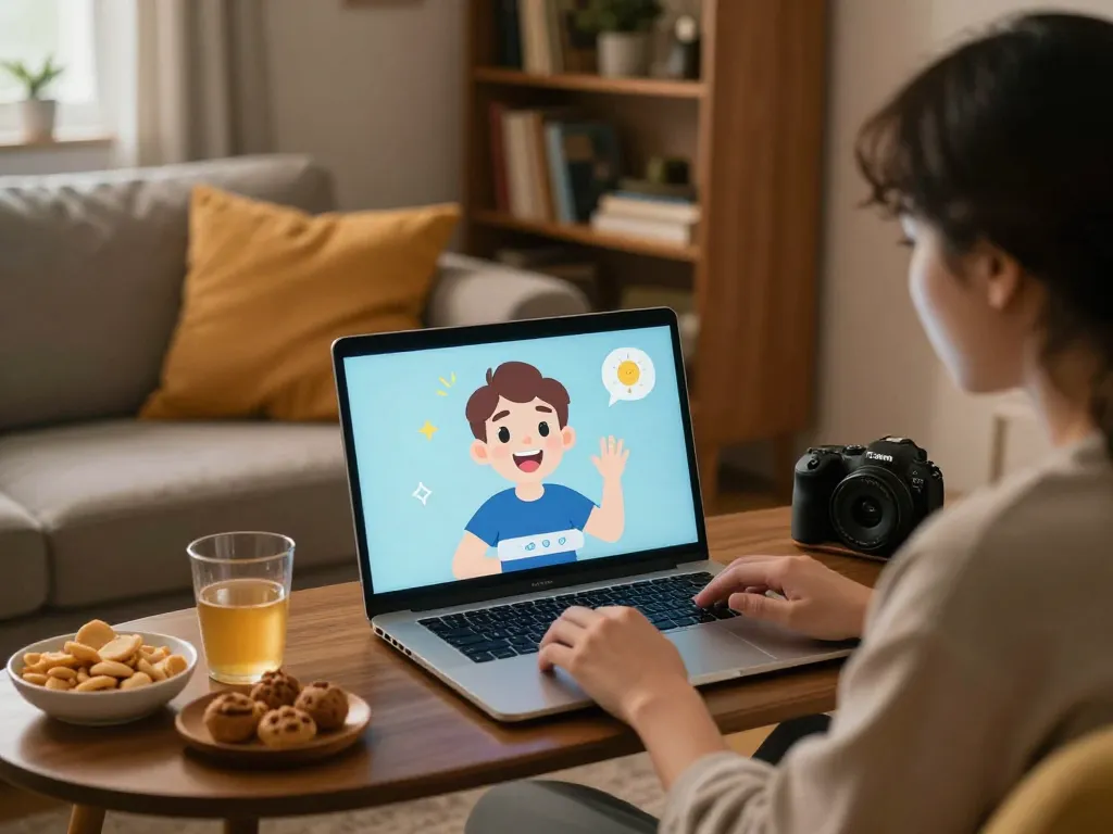 Engaging user chatting with ai slut character on laptop in cozy home environment.