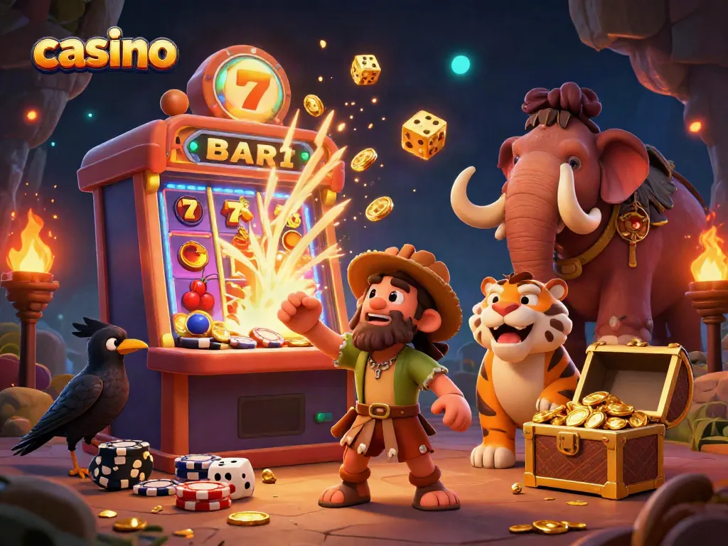 Experience the thrill of casino gaming in a prehistoric theme with cartoon characters and vibrant slot symbols.