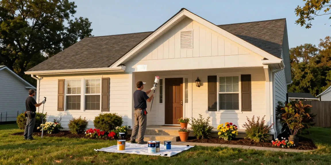 Exterior painters Polk County IA revitalizing a home with fresh paint, showcasing professional teamwork and vibrant colors.