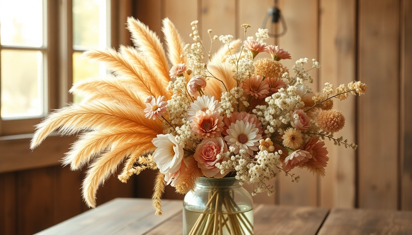 Admire a charming arrangement of dried blooms in a rustic setup, showcasing various textures.
