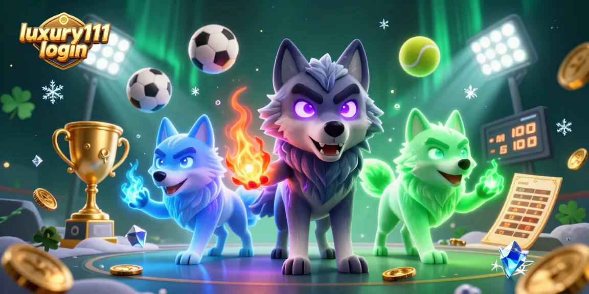 Engage with luxury111 login in a vibrant digital casino scene featuring dynamic sports elements and ghostly wolves.