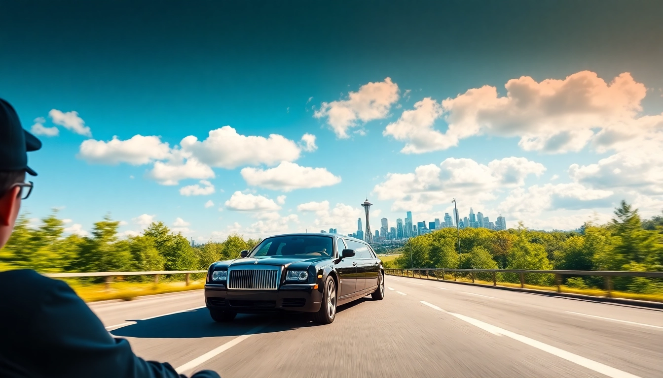 Elegant vancouver to seattle limo cruising along a scenic route with Seattle skyline in view.