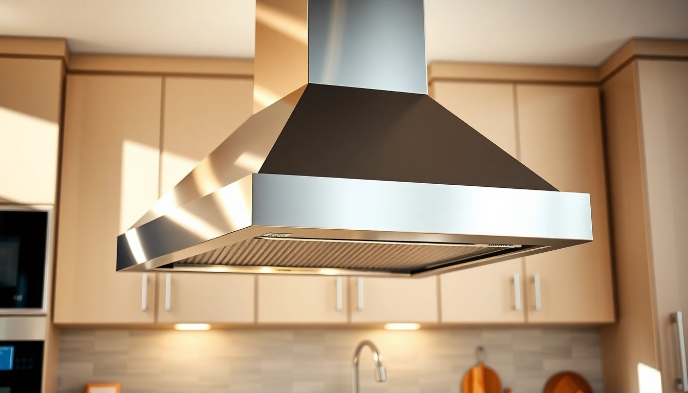 Visual representation of exhaust hood installation over a sleek kitchen, highlighting its design and functionality.
