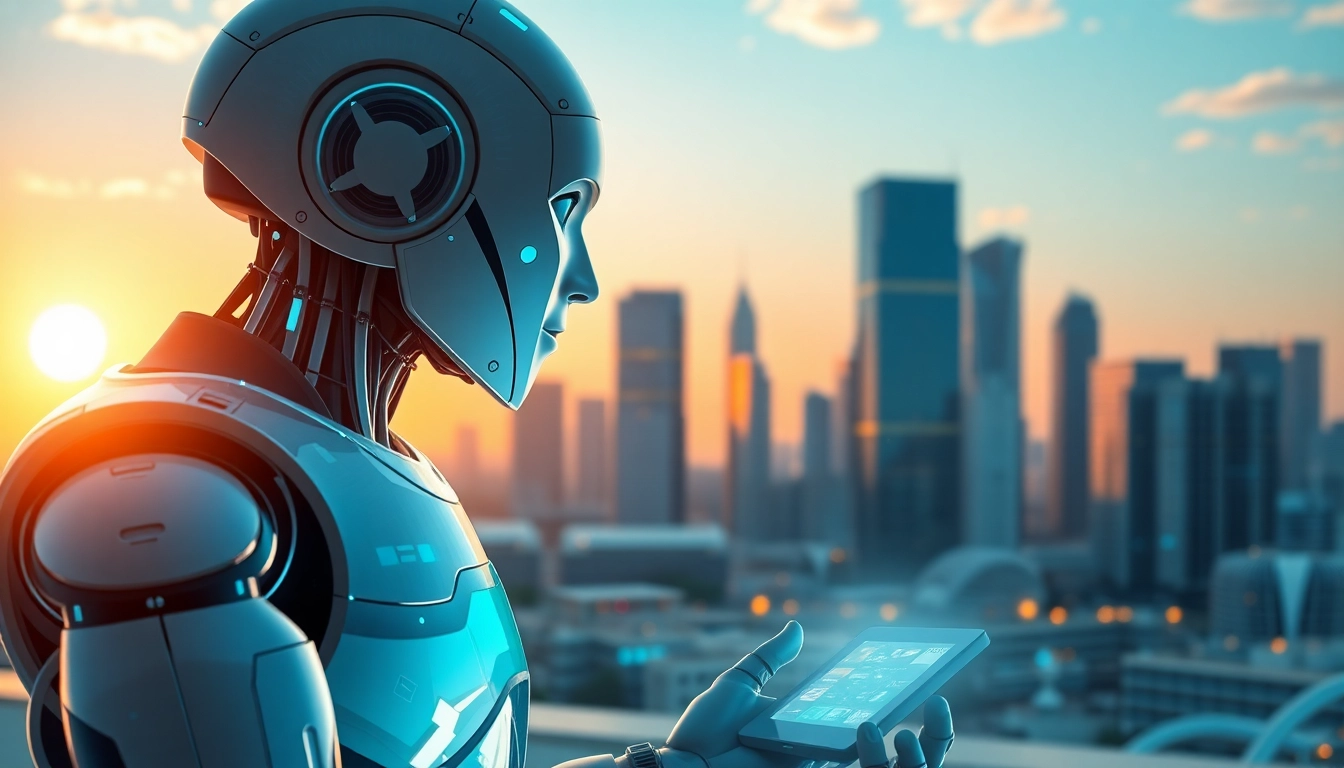 Showcasing technology with a humanoid robot and futuristic architecture against a vibrant sunset.