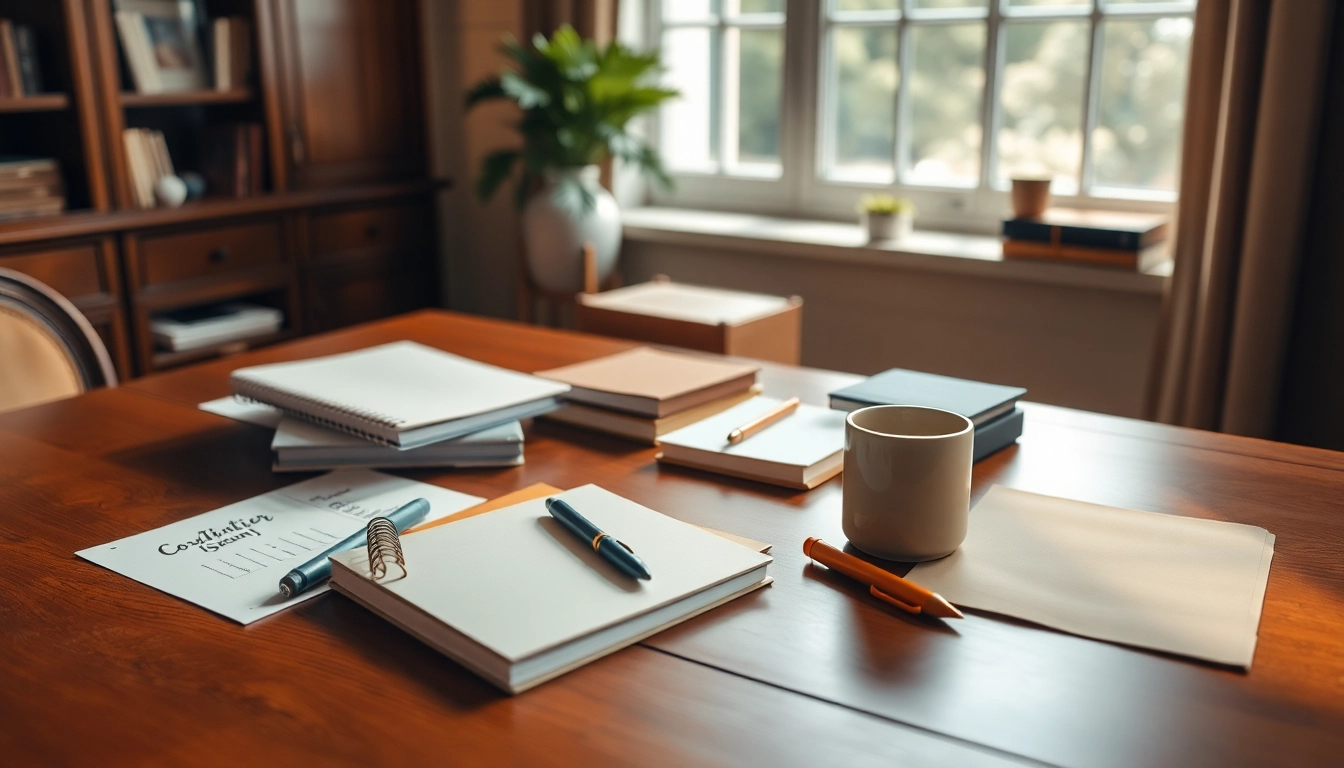 Explore quality stationery uk products including notebooks and pens arranged elegantly.