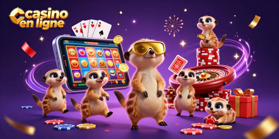 Jouez dans un casino en ligne vibrant avec des meerkats animés gérant des jeux et des gains.