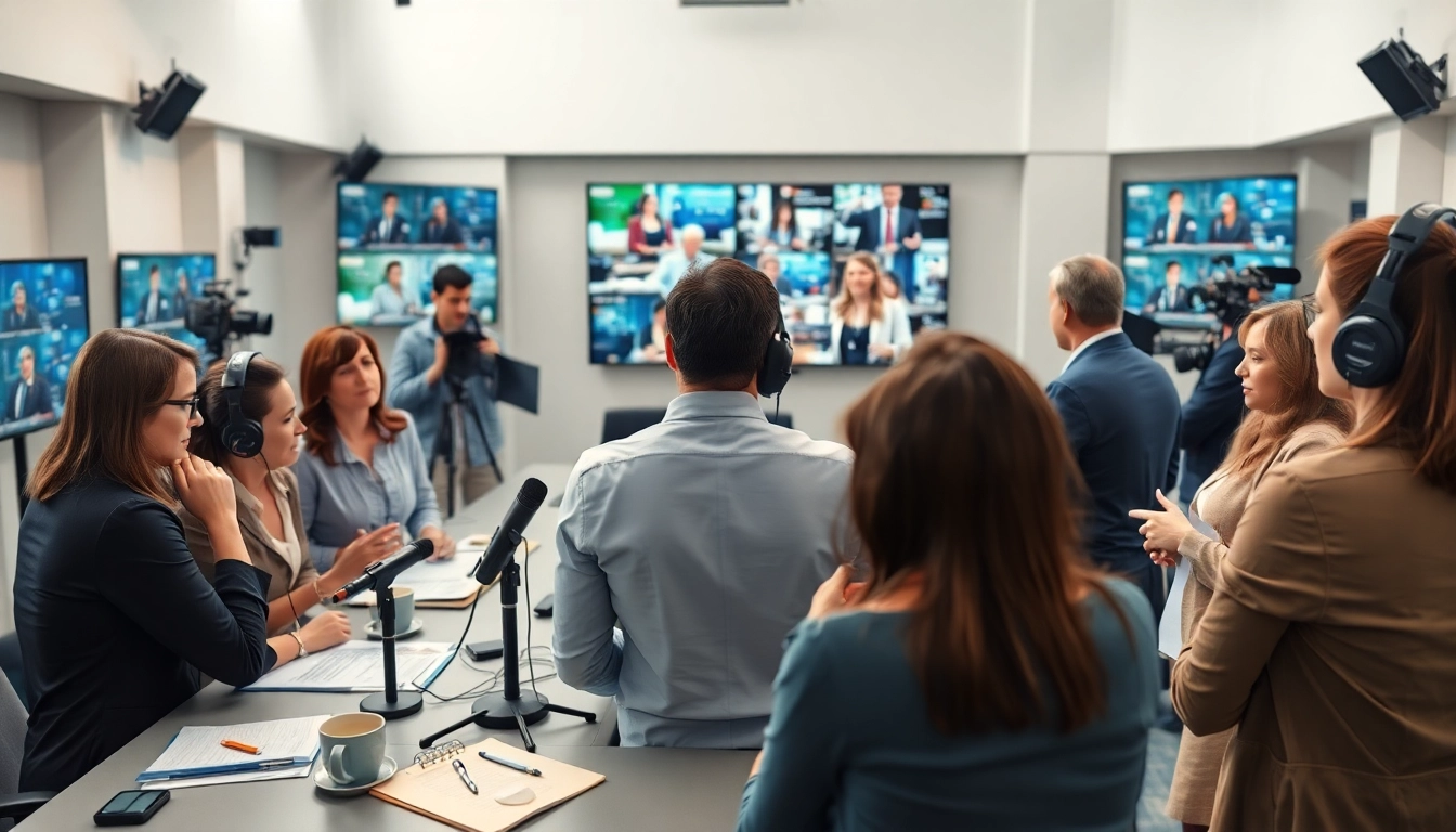 Reporters engaged in discussions while gathering news in a lively newsroom.