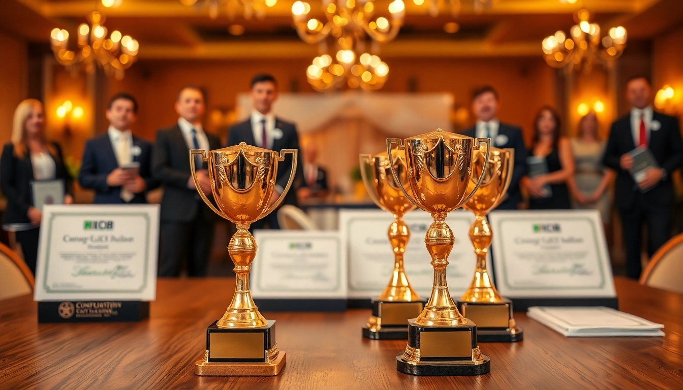 Recognizing excellence at construction awards ceremony with elegant trophies displayed prominently.