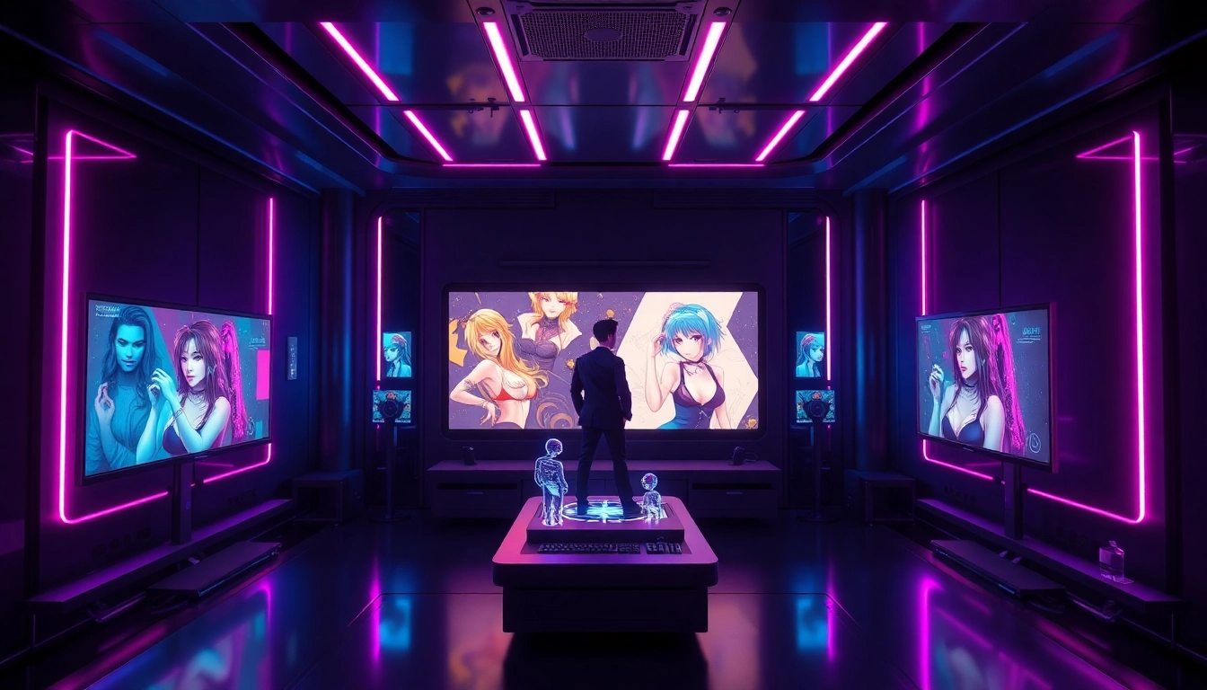 Innovative AI NSFW content generation interface with digital displays and holograms.