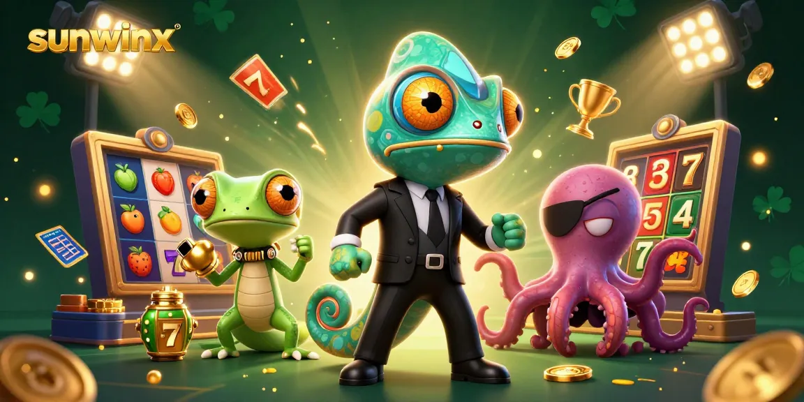 Witness the thrill of sunwinx slots with a dynamic chameleon, tech-gecko, and octopus in a vibrant casino scene.