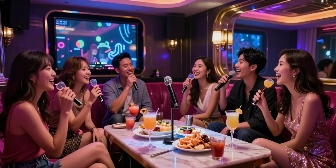Fun night at https://www.gangnamtune.com/ luxury karaoke, friends singing with cocktails and vibrant decor.