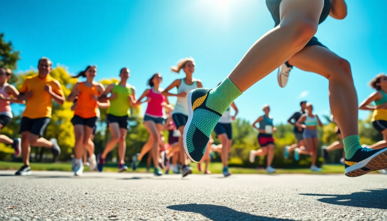 Showcasing breathable running socks on energetic runners in a sunny park setting.