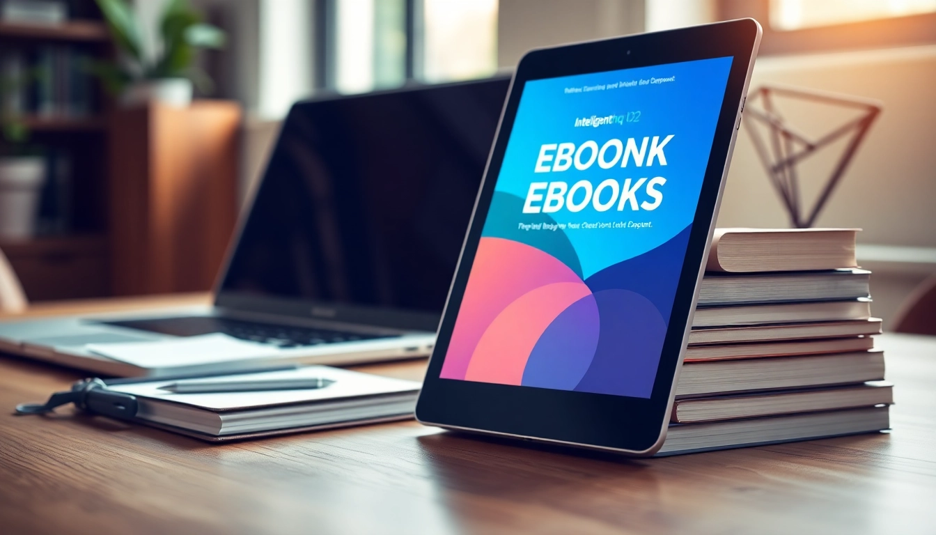Browse Intelligenthq ebooks displayed on a tablet in a modern office setting.