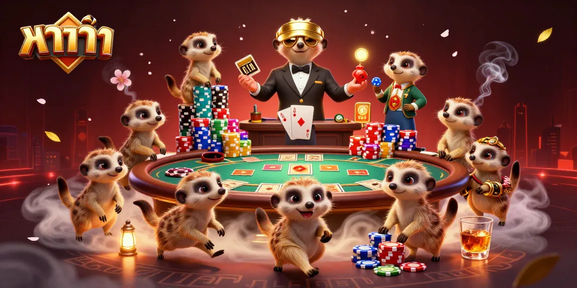 Meerkats thrilling in a casino scene while playingบาคาร่า, showcasing vibrant casino elements and strategic gameplay.