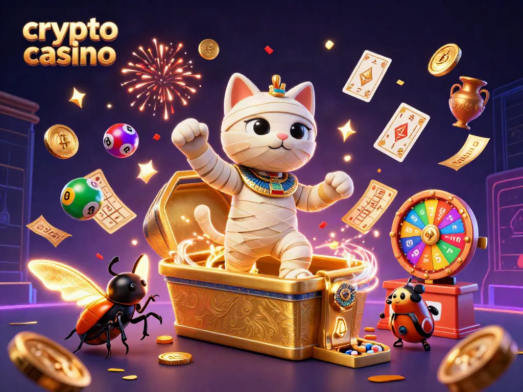Scopri il mondo dei crypto casino con una mummia egiziana e simboli di Bitcoin scintillanti in un cash pot vibrante.
