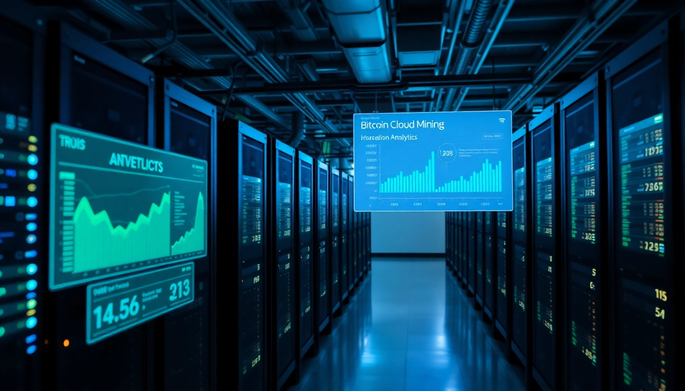 Visual representation of bitcoin cloud mining facility with modern rigs and digital analytics.