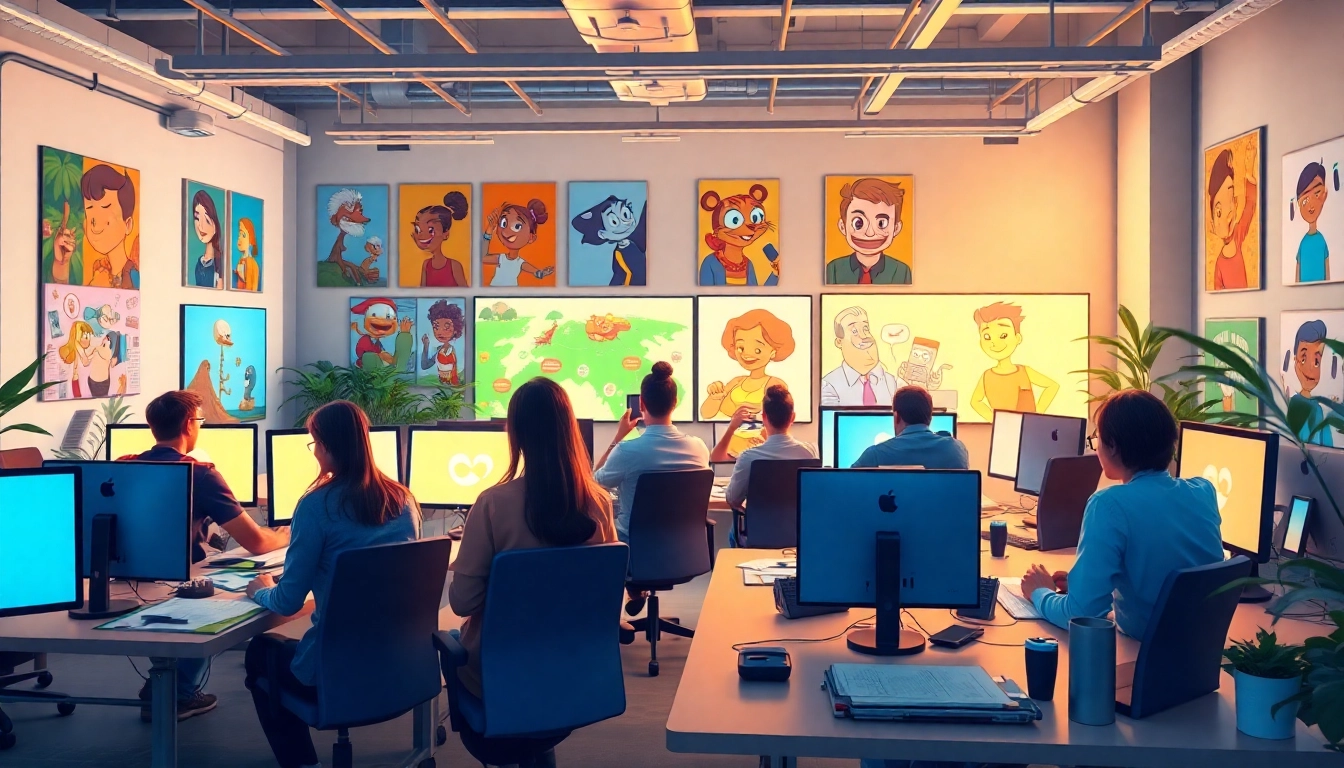 Animationsagentur: Team of animators collaborating in a vibrant workspace.