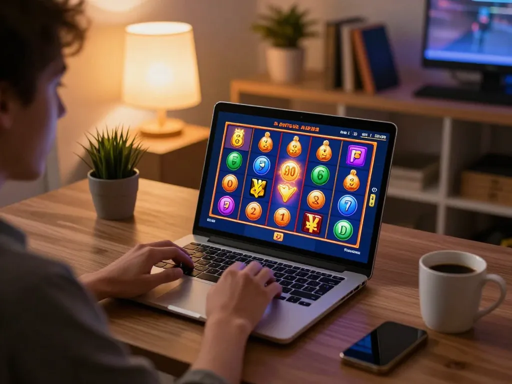 Engaging in online gaming with link gacor slots displayed on a laptop screen, showcasing vibrant animations and a cozy atmosphere.