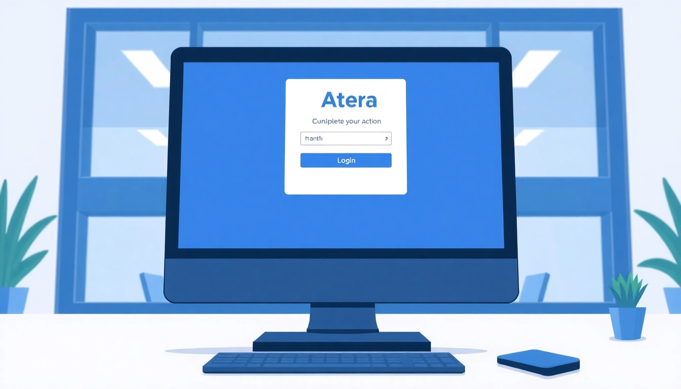 Atera login page shown on a modern computer screen in an office setting, highlighting secure access.