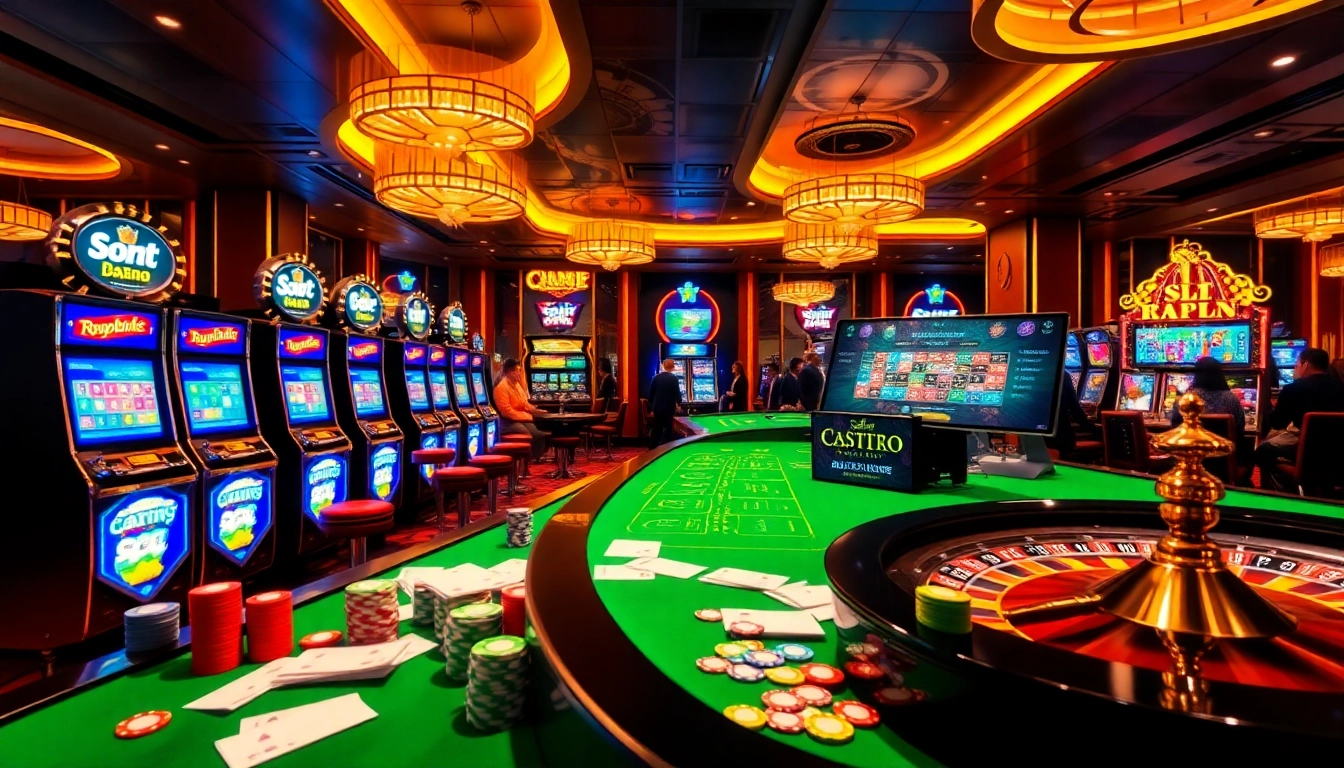 Aksi slot deposit 1k yang mendebarkan di kasino mewah dengan mesin berwarna-warni dan para pemain.