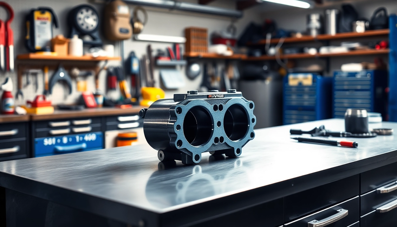 Showcase of RVNG S58/B58 intake manifold block-off on a workshop bench highlighting craftsmanship.