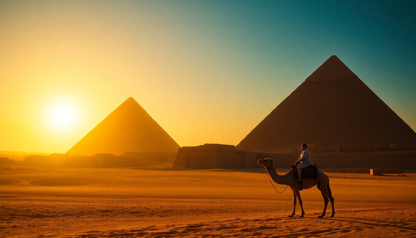 Observe the breathtaking piraminds of Giza against a vibrant sunrise backdrop.