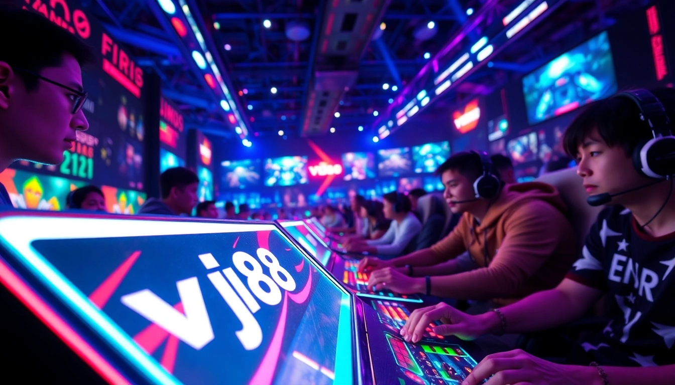 Engaged players enjoying a vibrant gaming experience with the vj88 brand in a dynamic arena.