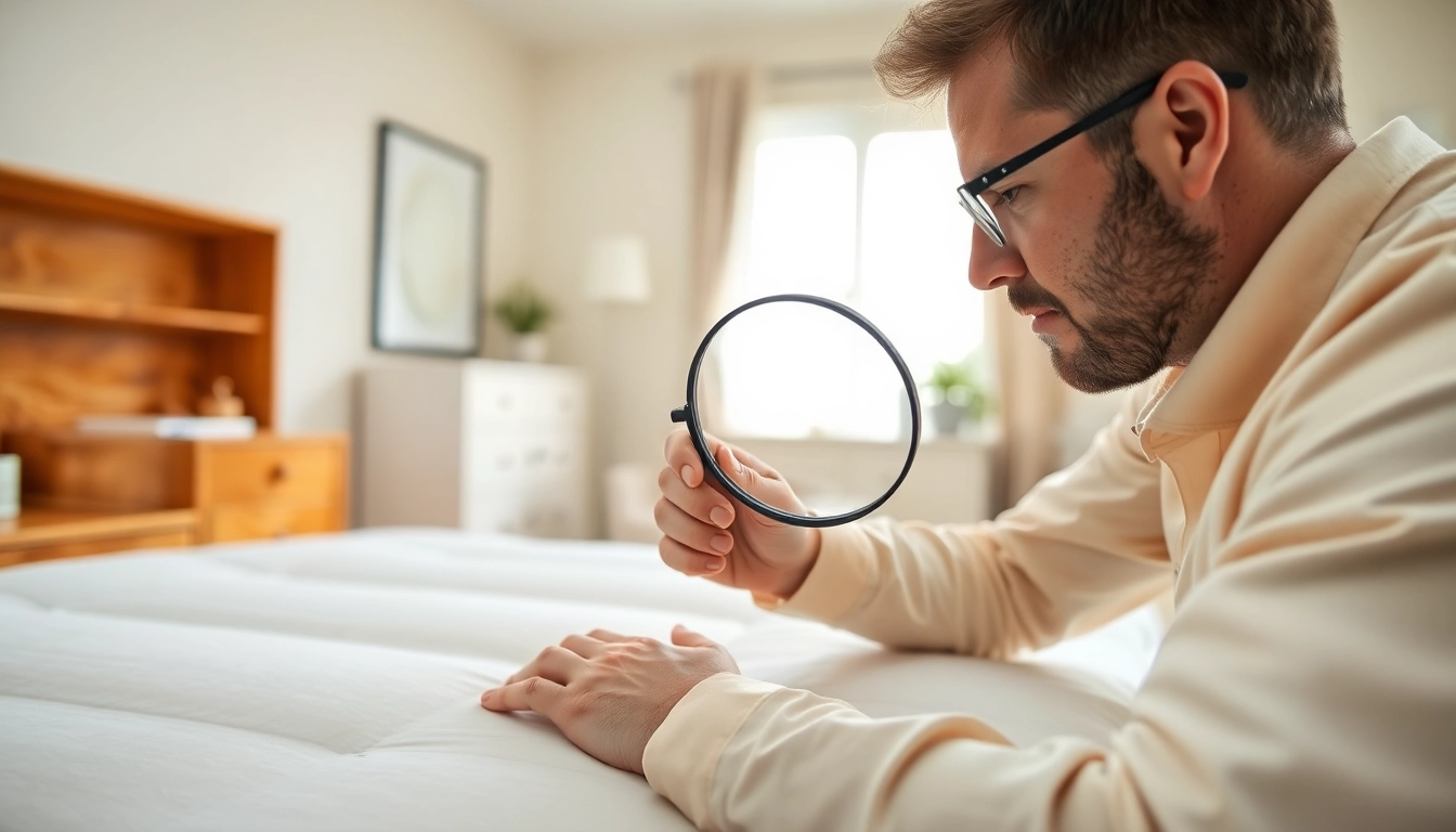Technician utilizing bed bug pest control methods in a clean bedroom setup.