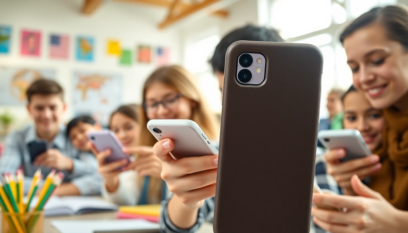 Schüler nutzen Handytasche Schule, die stilvoll und schützend ist, während sie in einer lebhaften Klasse lernen.