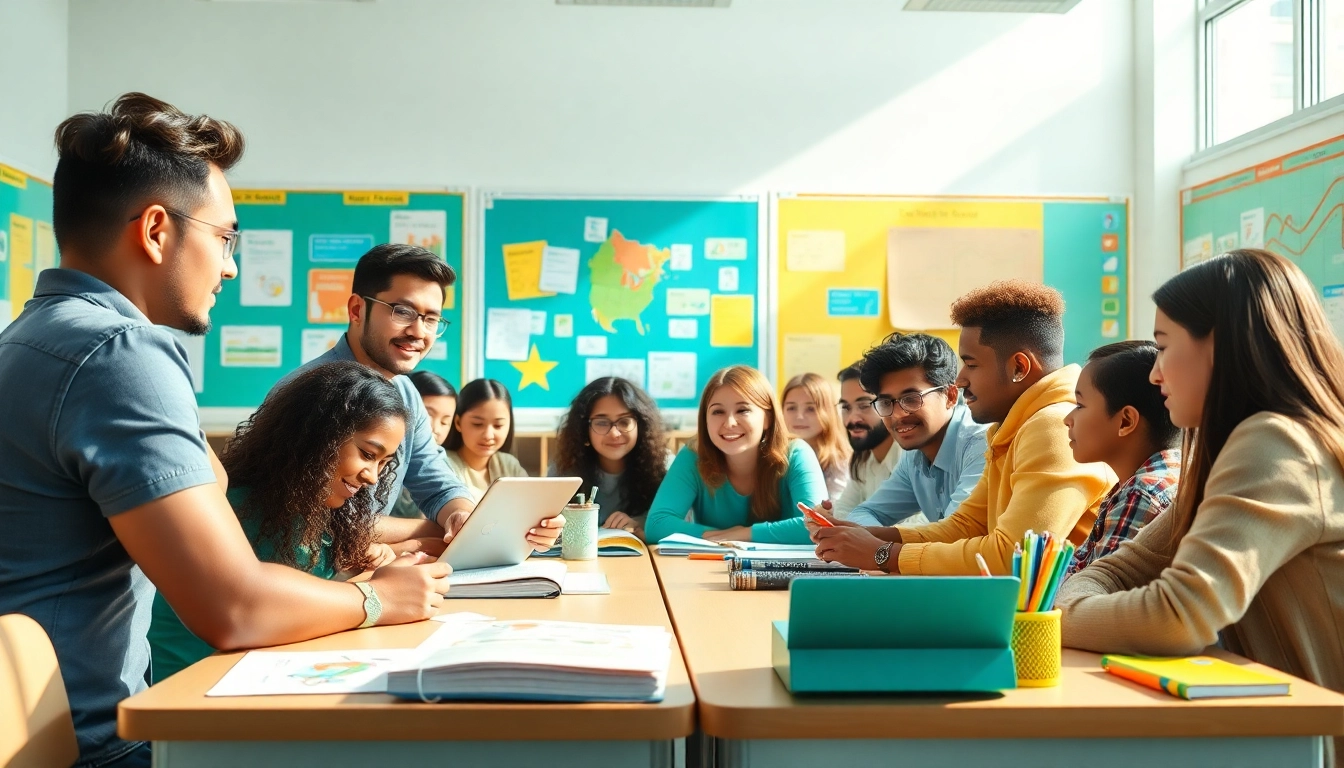 Engage with Education in a vibrant classroom scene illustrating collaborative learning.
