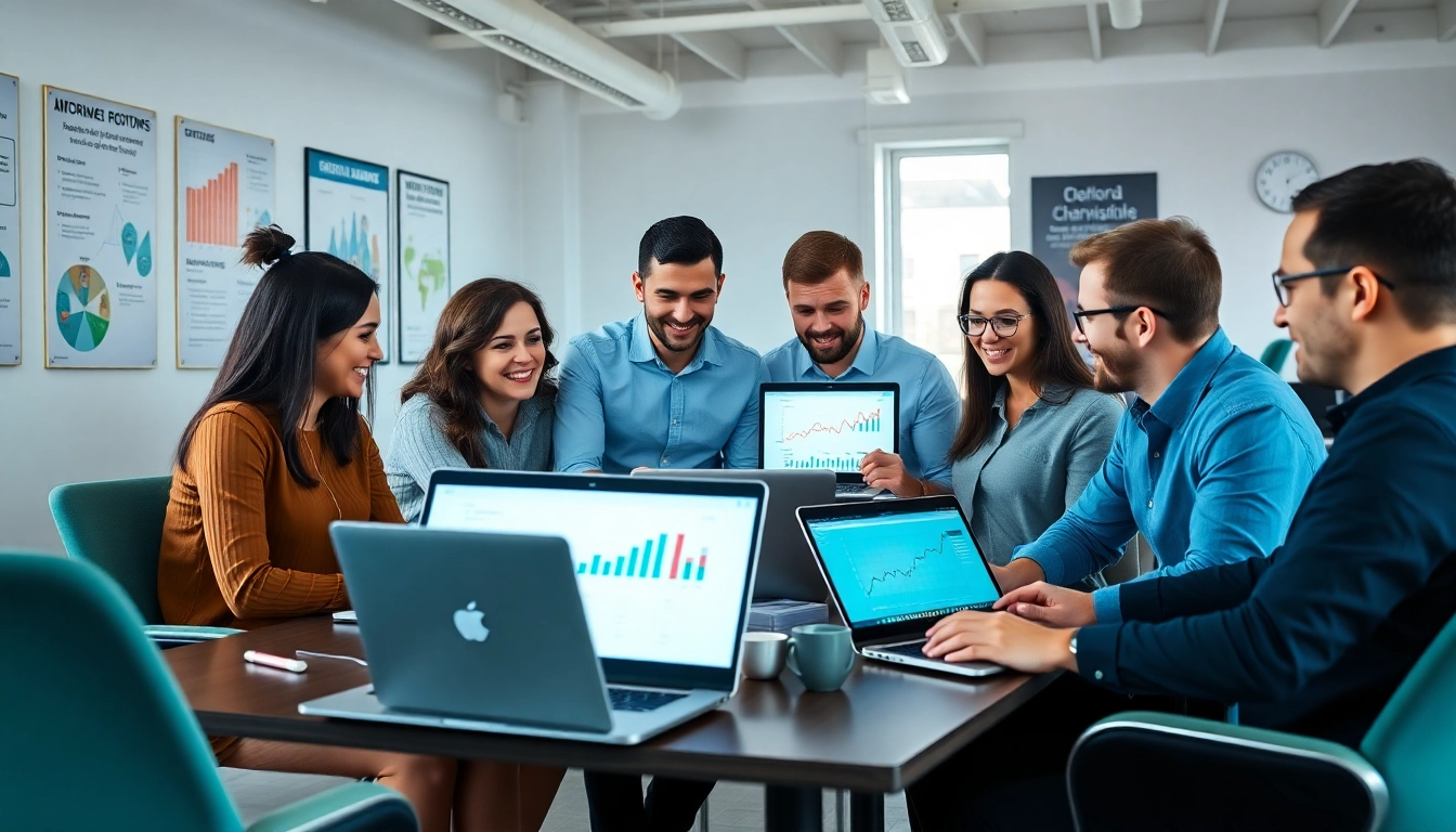 Engaging team collaborating on online marketing edmonton strategies in a modern office.