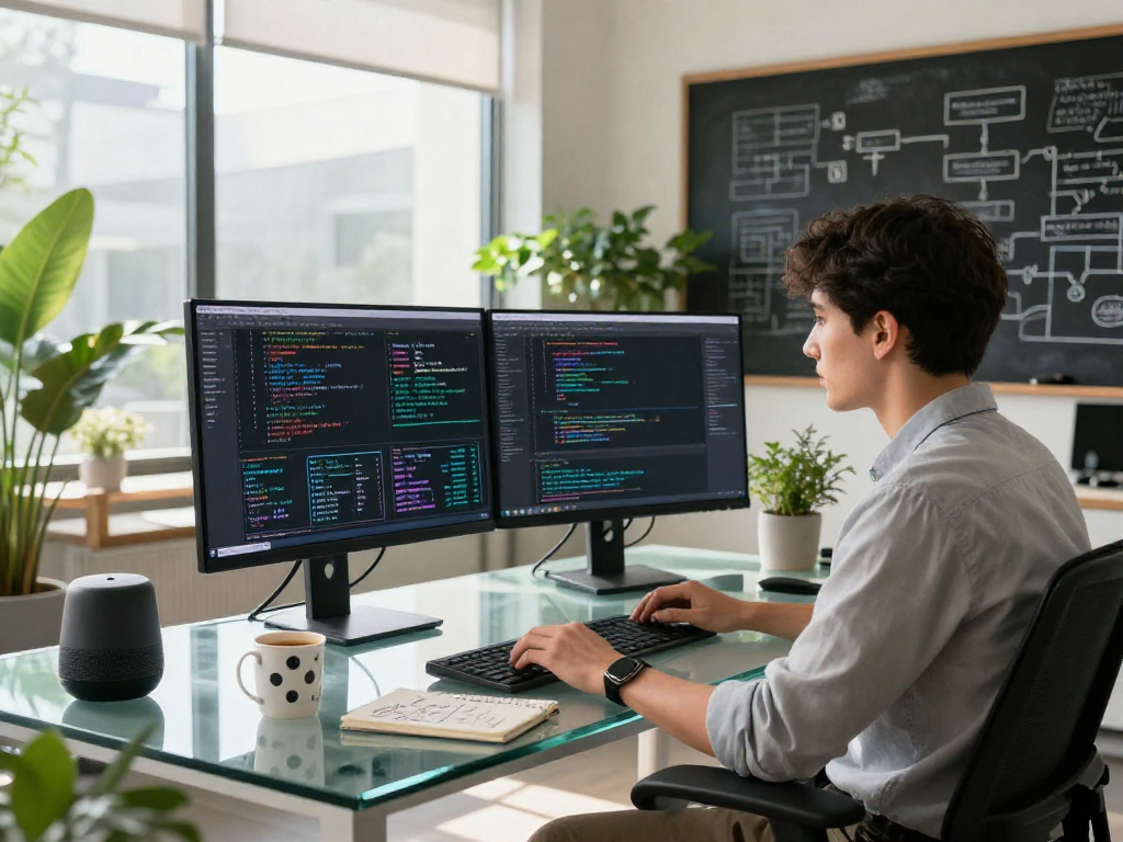 Dynamic tech workspace where a data scientist explores crushon ai, surrounded by screens, gadgets, and greenery for an innovative atmosphere.