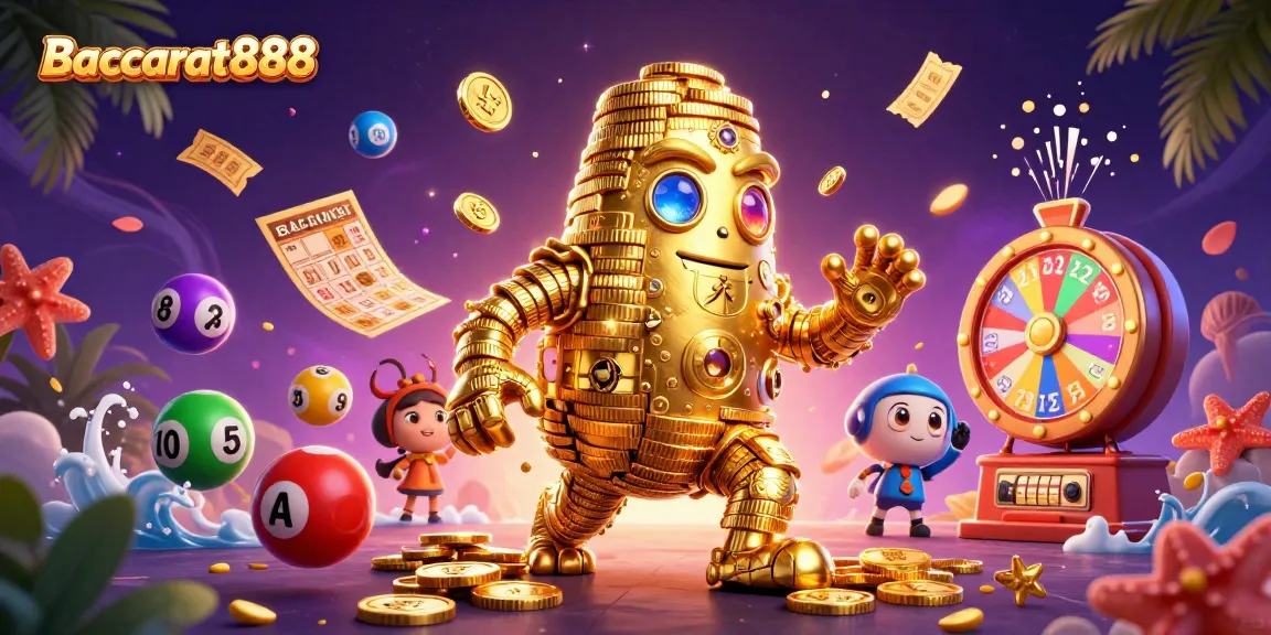 Players engage with Baccarat888, featuring dynamic lottery balls and golden golem in a vibrant casino scene.