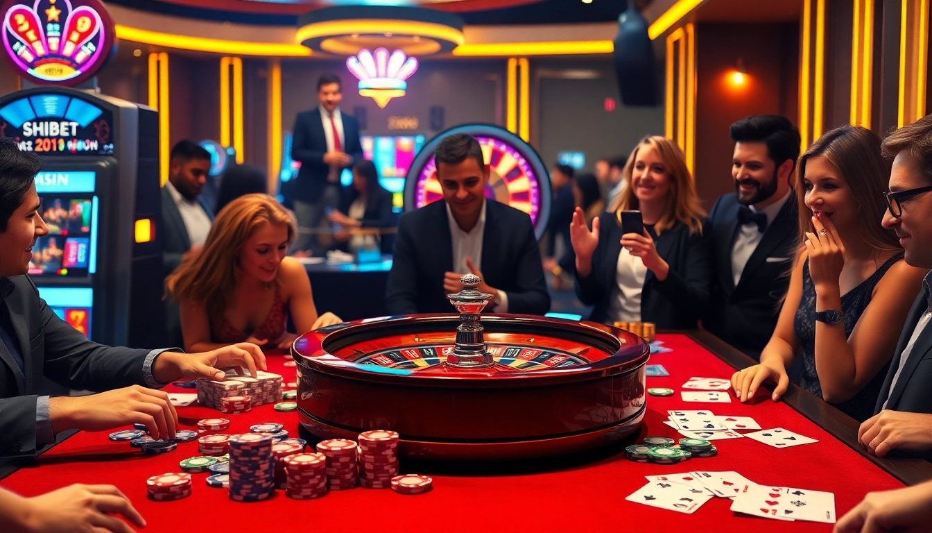 Experience the thrill of shbet with a vibrant casino scene featuring roulette wheels and poker tables.